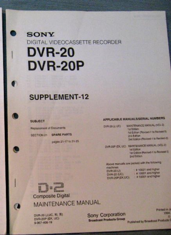 Image sur Sony DVR-20/20P/C20 Supplement-11 and Supplement 12. DVR-C20P Supplement-1, DVR-P20 Supplement-1 Maintenance Manual